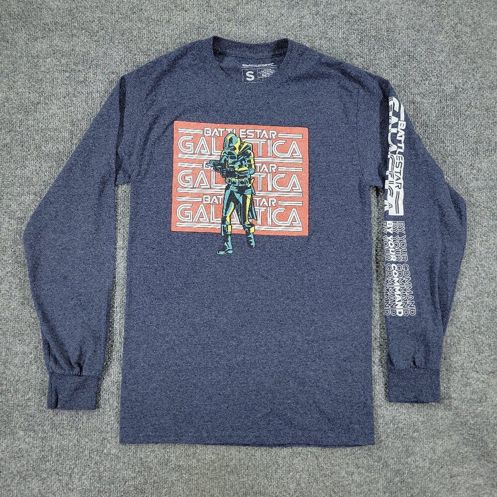 Battlestar Galactica Shirt Men's Small Blue Logo Sci-Fi Crew Neck Long Sleeve